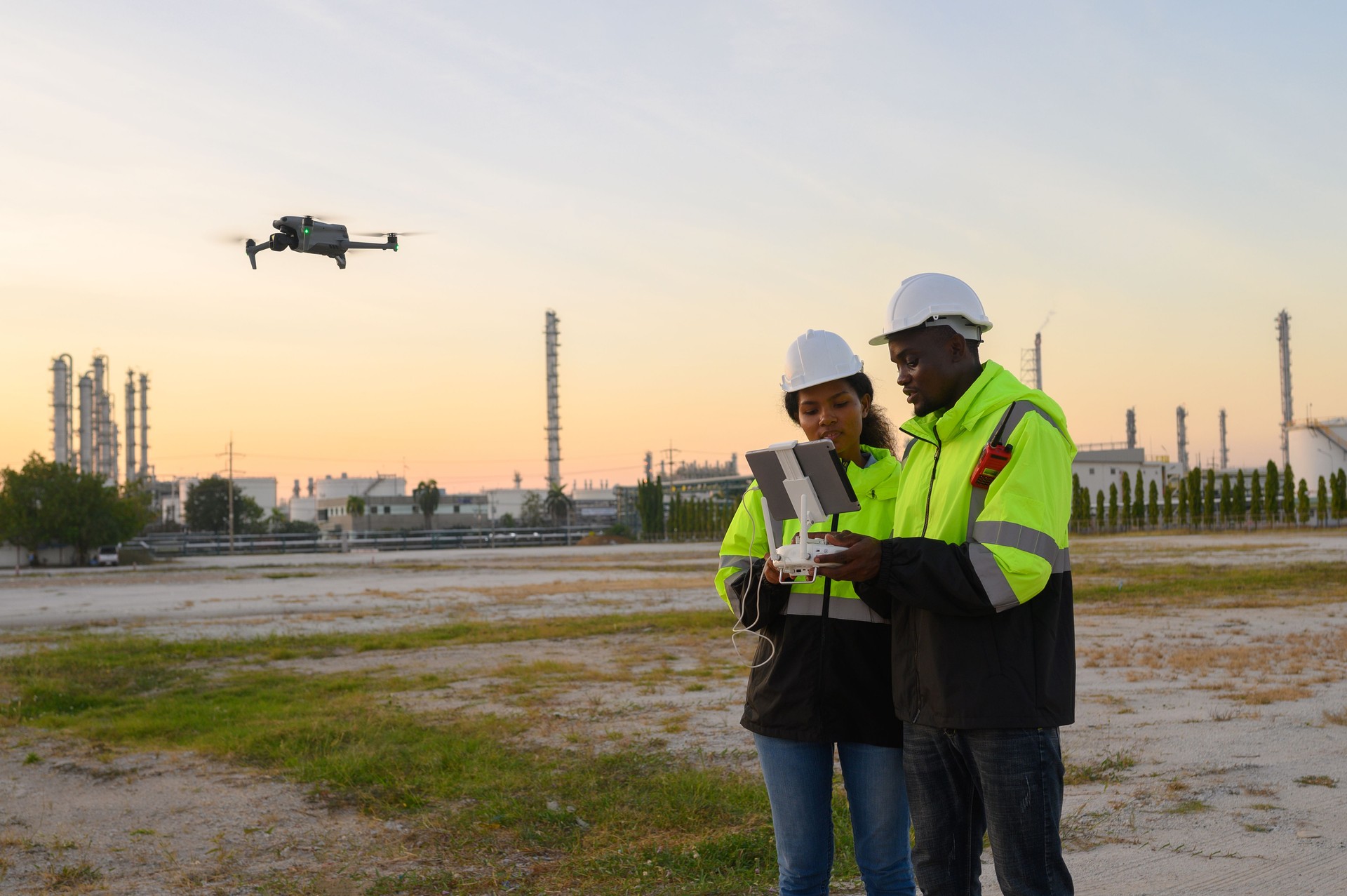 Male and female engineers wearing uniforms and helmets fly drones to inspect petroleum industry projects. Male and female engineers wearing uniforms and helmets fly drones to inspect petroleum industry projects.